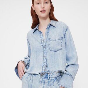 GAPStudio Draped Light Blue Denim Button-Down Cropped Shirt